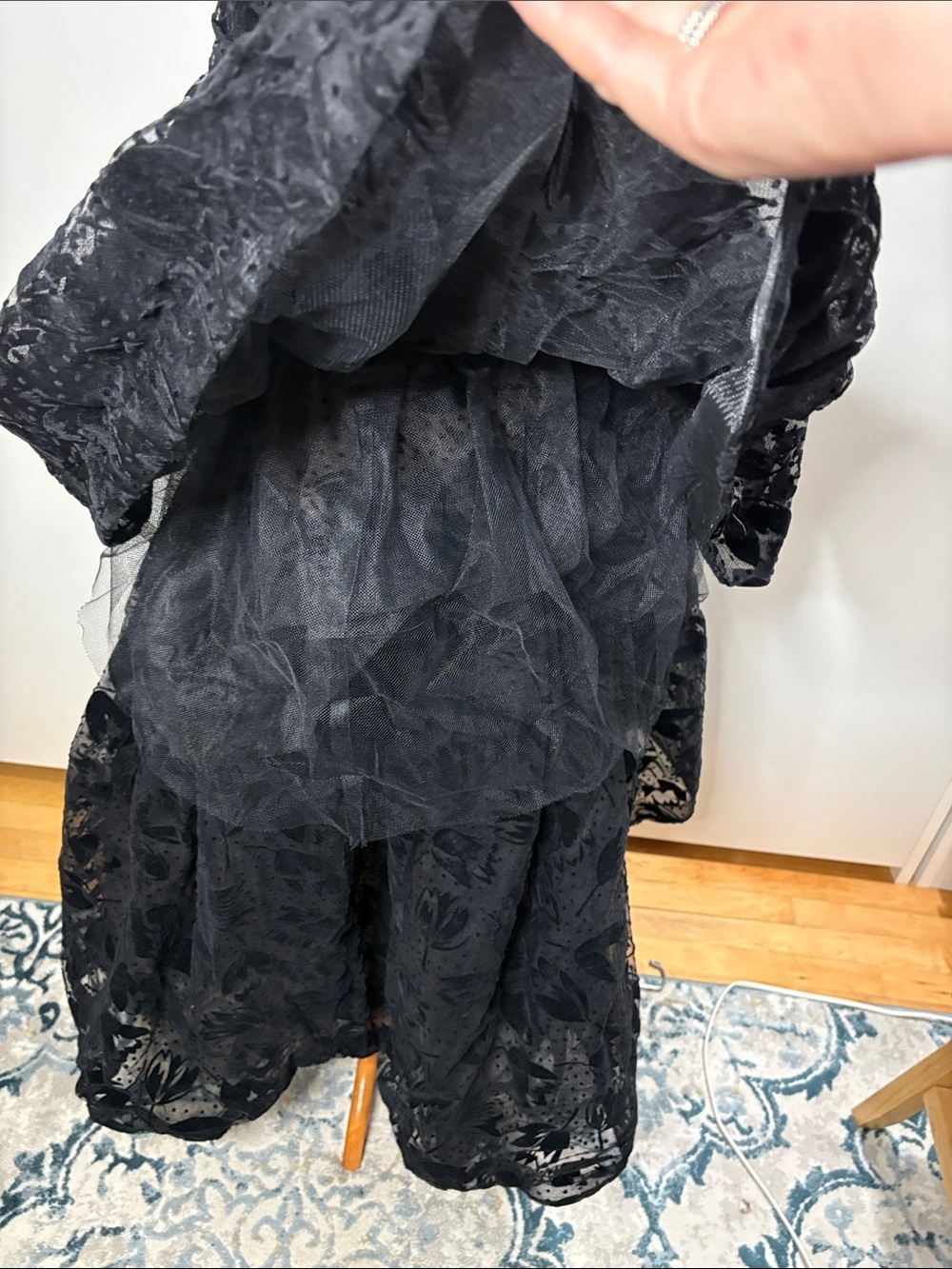 Vintage 1980 Arnold Scaasi Boutique Black Flocked Tulle Off-Shoulder Ball Gown 8 - Picture 11 of 16